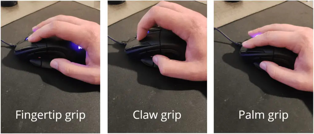 Les trois prises de souris comparées : fingertip, claw et palm