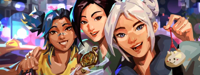 Three Valorant agents taking a selfie in the city at night