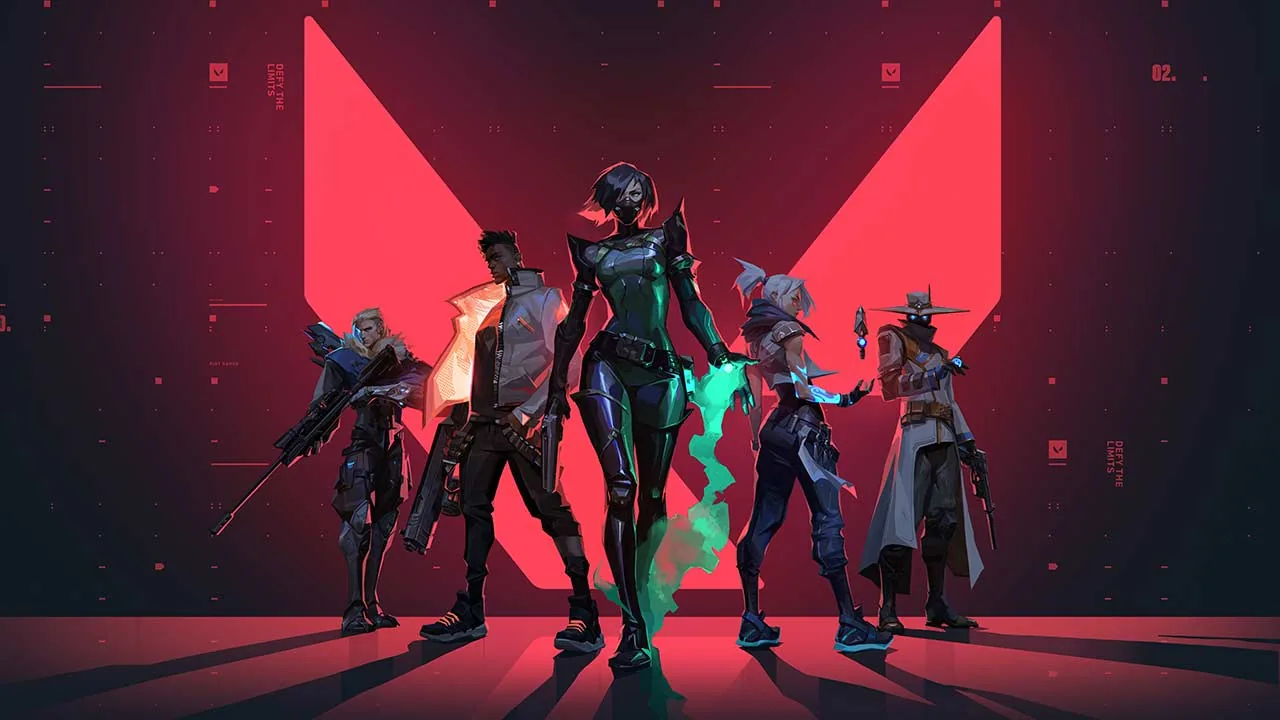 Affiche officielle de la bêta de Valorant : cinq agents armés alignés devant le grand logo rouge du jeu, Viper au centre entourée de sa fumée toxique verte.