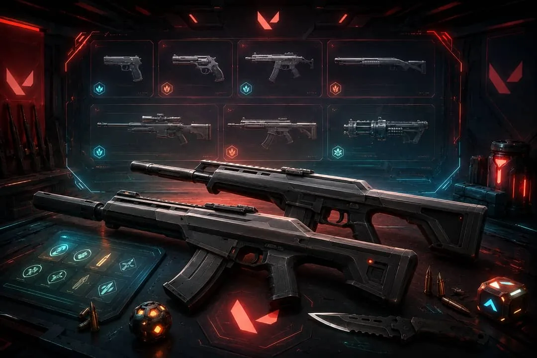 L'arsenal de Valorant dans une salle sombre : un écran holographique présente sept armes du jeu, des pistolets au fusil de précision et à la mitrailleuse lourde, tandis que deux fusils d'assaut, des munitions et un couteau sont posés sur une table éclairée de rouge et de bleu.