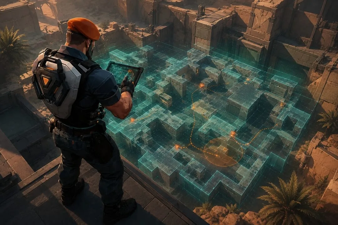 L'agent Brimstone, béret orange sur la tête, consulte une tablette devant une carte tactique de Valorant projetée en hologramme turquoise au-dessus d'un décor désertique, avec des marqueurs orange et une zone circulaire mise en évidence.