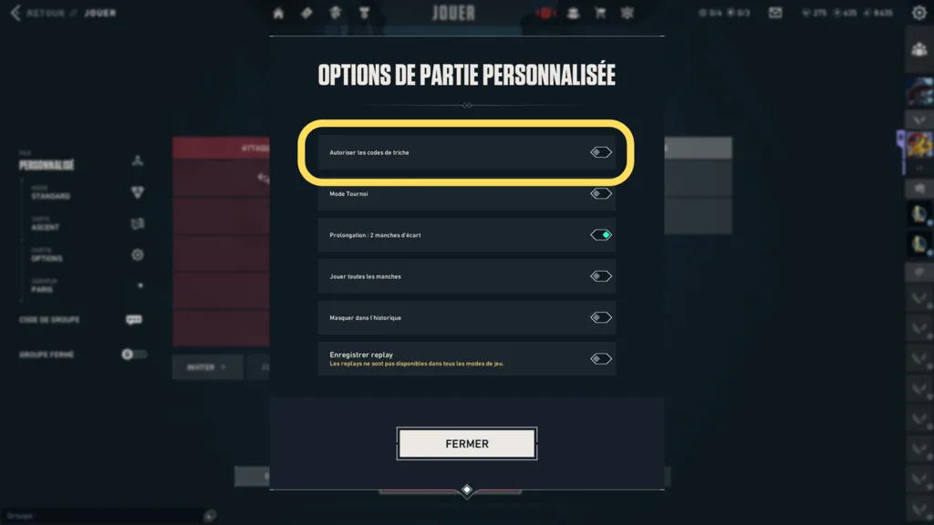 Options de partie personnalisée de Valorant, interrupteur Autoriser les codes de triche surligné