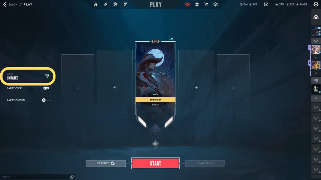 Valorant queue screen, the Queue selector highlighted on the left