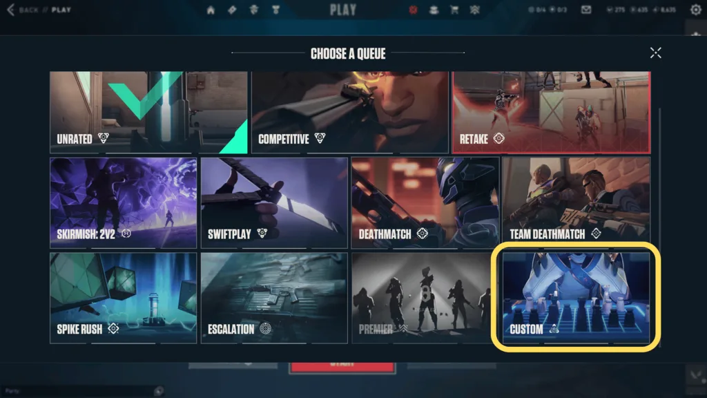 Valorant Choose a Queue window, the Custom tile highlighted