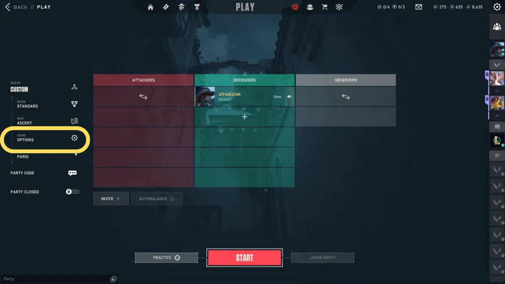Valorant custom game lobby, the Game Options entry highlighted