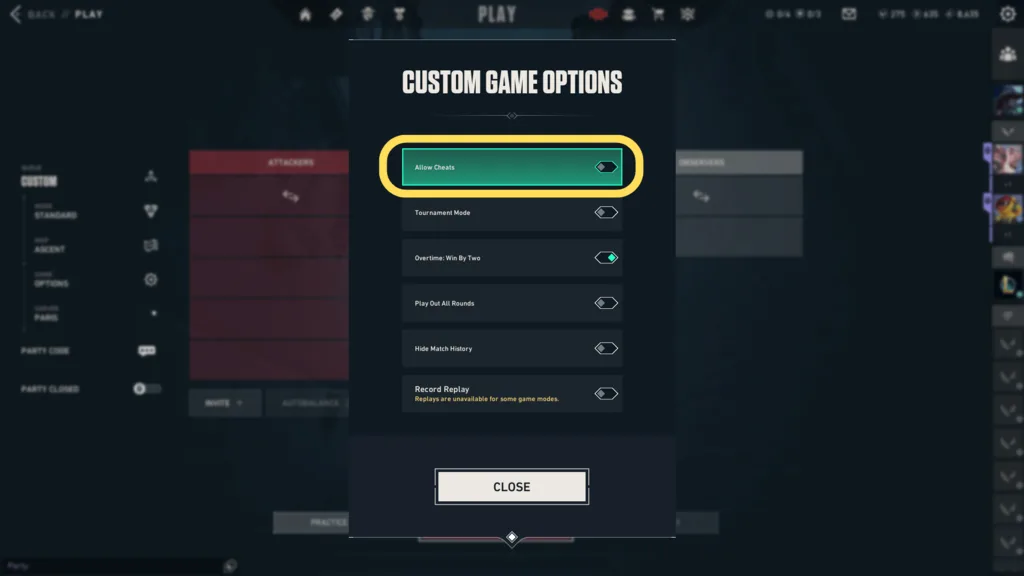 Valorant Custom Game Options window, the Allow Cheats toggle highlighted
