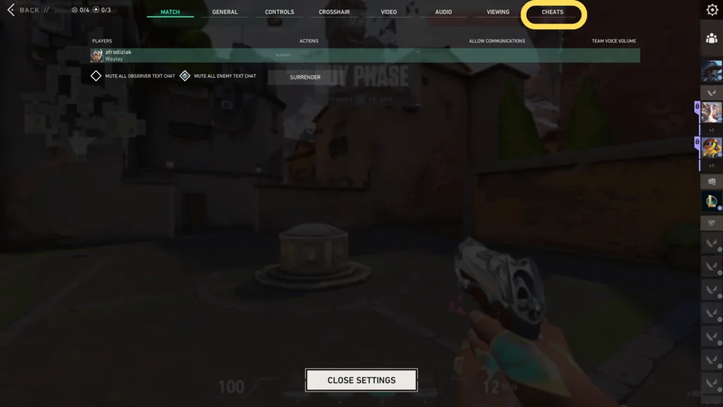 Valorant in-game settings, the Cheats tab highlighted at the top right