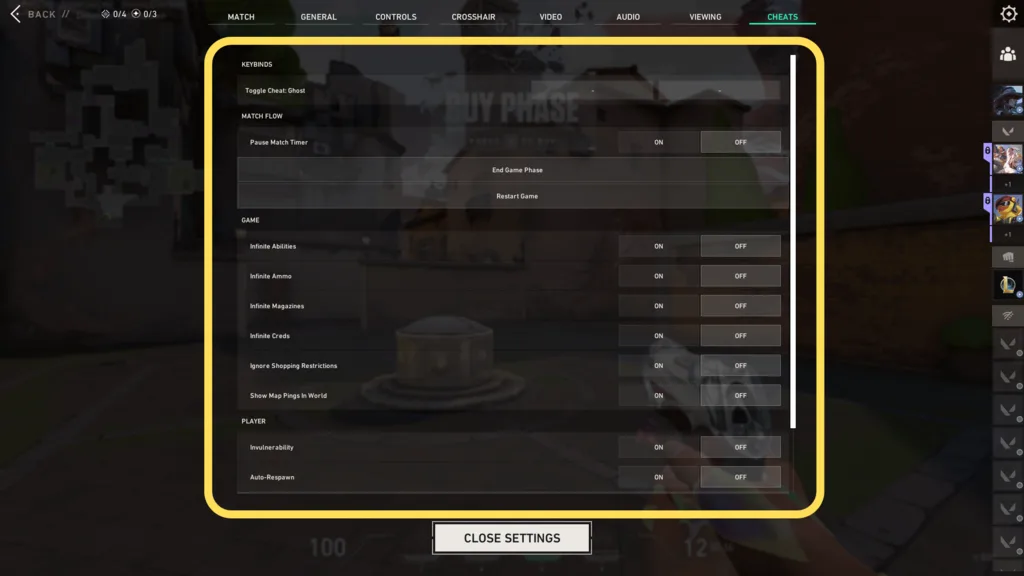 Valorant cheats panel open, the list of options with their on and off switches