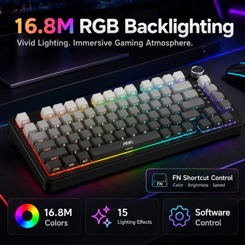 AOC GK330 75% Wireless Mechanical Gaming Keyboard, Hot-Swappable 3-Mode RGB