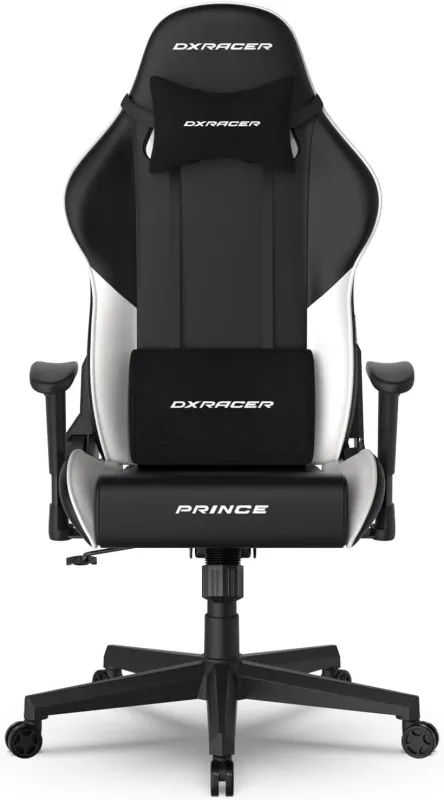 DXRacer Prince Series L Gaming Chair - Reclining, Ergonomic & Comfortable Computer Chair with 2D Armrest, Wing-Shaped Seat Base & Headrest Pillow Faux Leather (Faux Leather, Black & White)